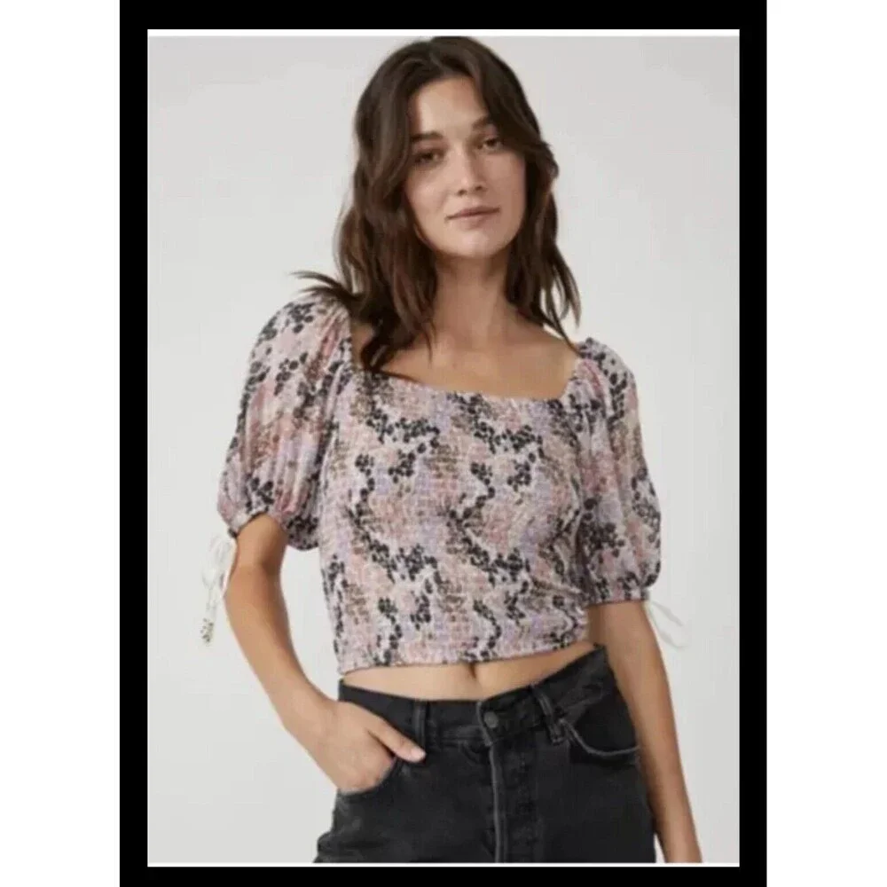 Free People Back On Top Crop Smocked‎ Shirt Blouse Puff Sleeve Size S